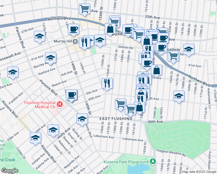 map of restaurants, bars, coffee shops, grocery stores, and more near 43-35 157th Street in Queens
