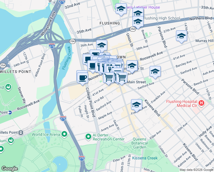 map of restaurants, bars, coffee shops, grocery stores, and more near in Queens