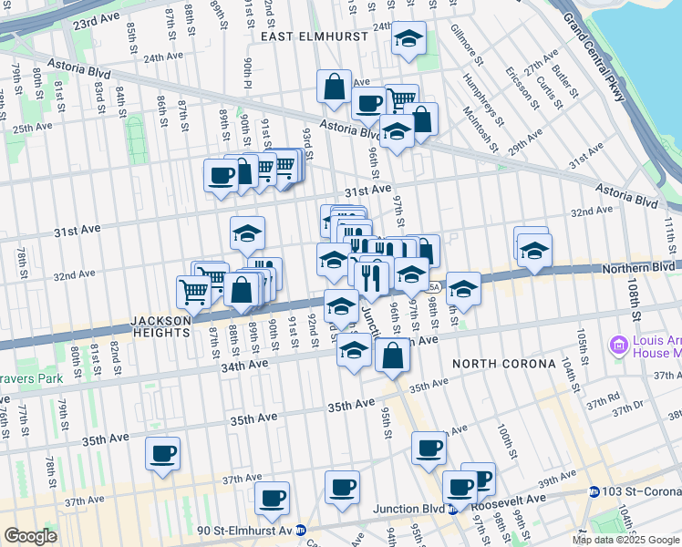 map of restaurants, bars, coffee shops, grocery stores, and more near in Queens