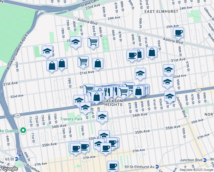 map of restaurants, bars, coffee shops, grocery stores, and more near 31-48 84th Street in Queens