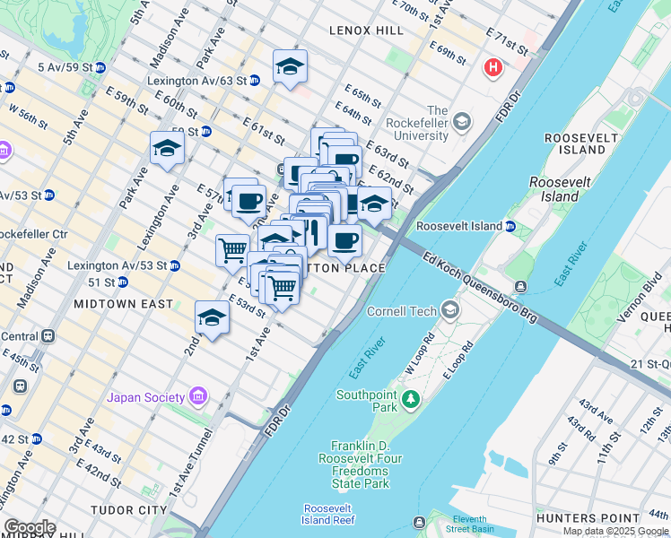 map of restaurants, bars, coffee shops, grocery stores, and more near 431 East 57th Street in New York