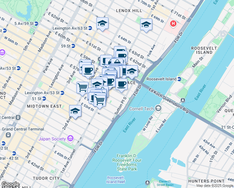 map of restaurants, bars, coffee shops, grocery stores, and more near 431 East 57th Street in New York