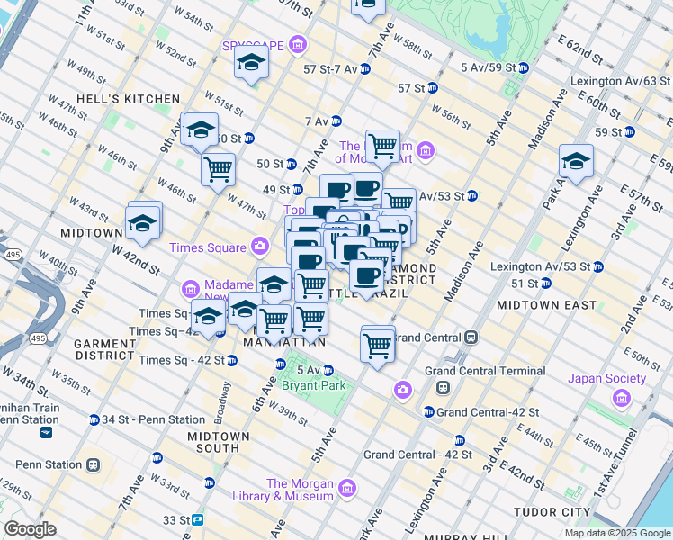 map of restaurants, bars, coffee shops, grocery stores, and more near in New York