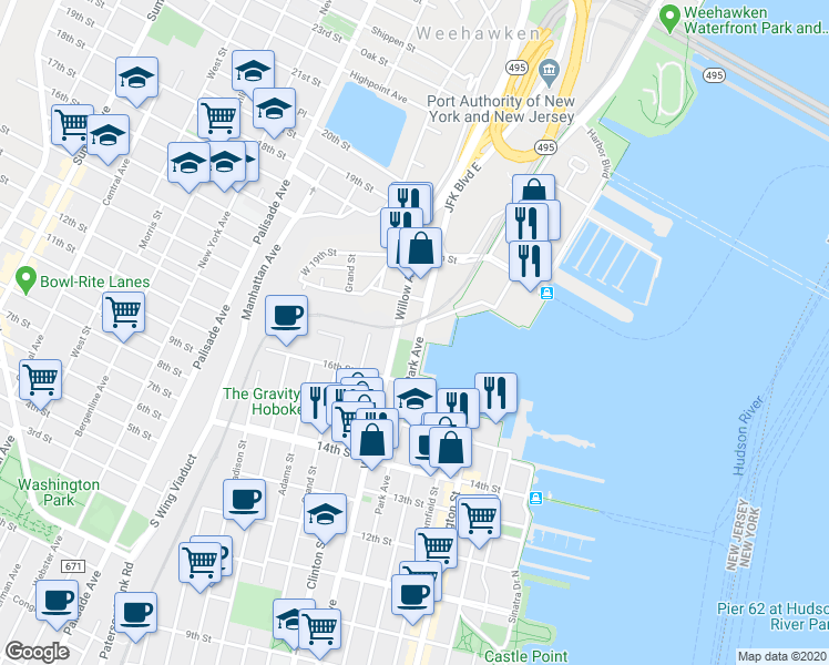 map of restaurants, bars, coffee shops, grocery stores, and more near 1700 Park Avenue in Weehawken