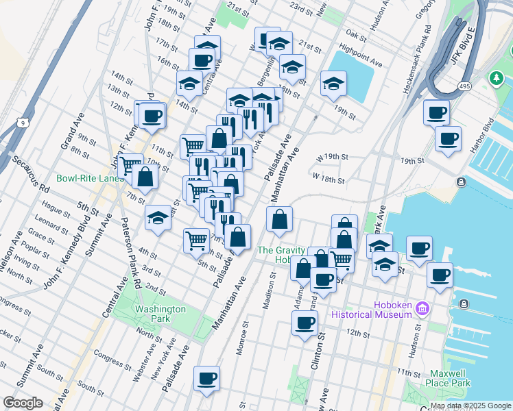 map of restaurants, bars, coffee shops, grocery stores, and more near 1009 Palisade Avenue in Union City