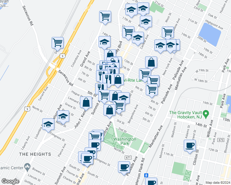 map of restaurants, bars, coffee shops, grocery stores, and more near 720 7th Street in Union City