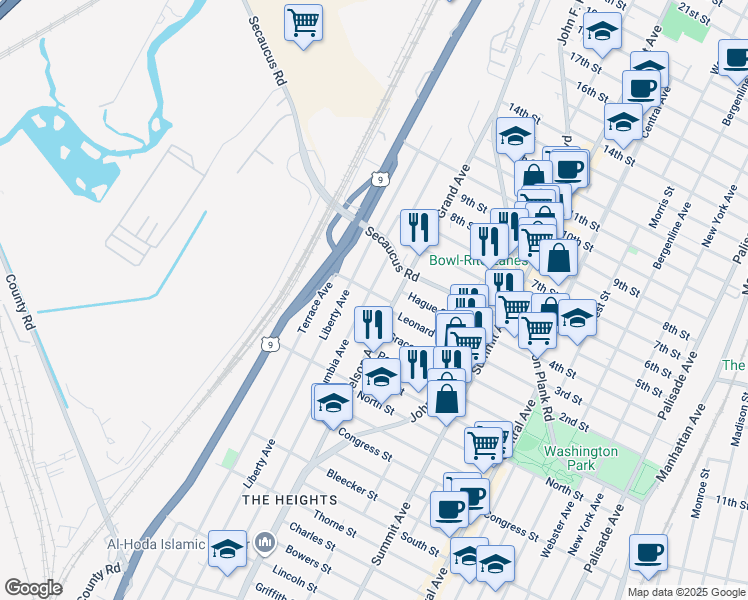 map of restaurants, bars, coffee shops, grocery stores, and more near 299 Columbia Avenue in Jersey City