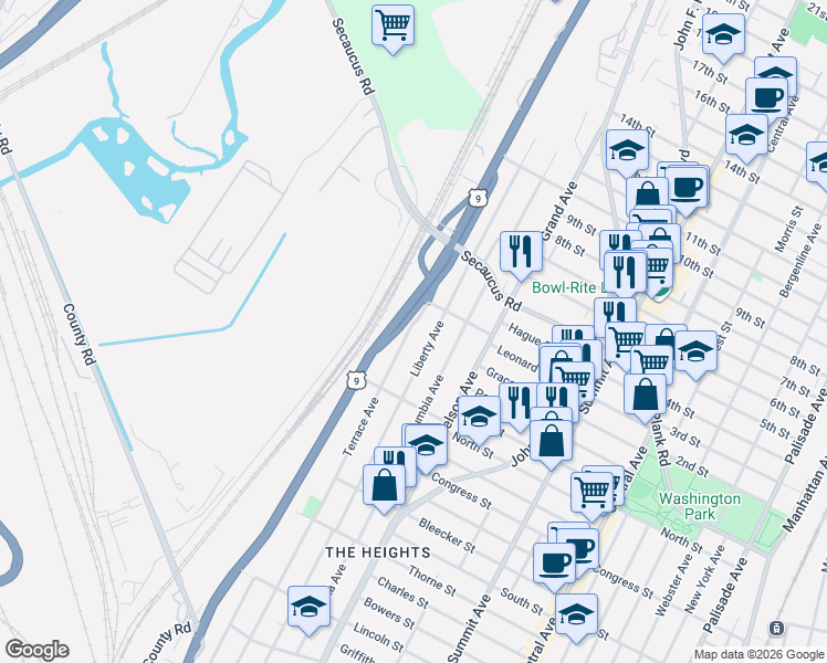 map of restaurants, bars, coffee shops, grocery stores, and more near 352 Terrace Avenue in Jersey City
