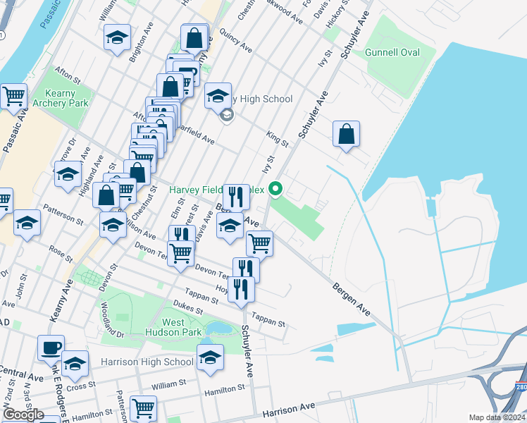 map of restaurants, bars, coffee shops, grocery stores, and more near 90 Ivy Street in Kearny