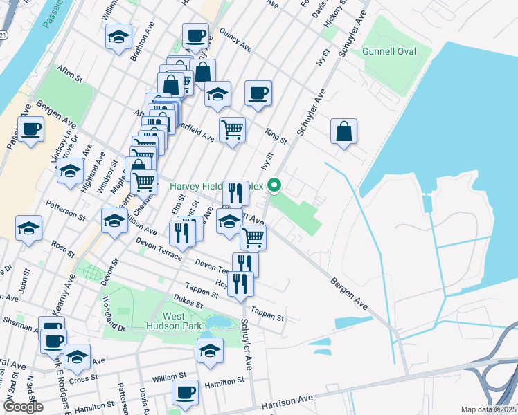 map of restaurants, bars, coffee shops, grocery stores, and more near 90 Ivy Street in Kearny