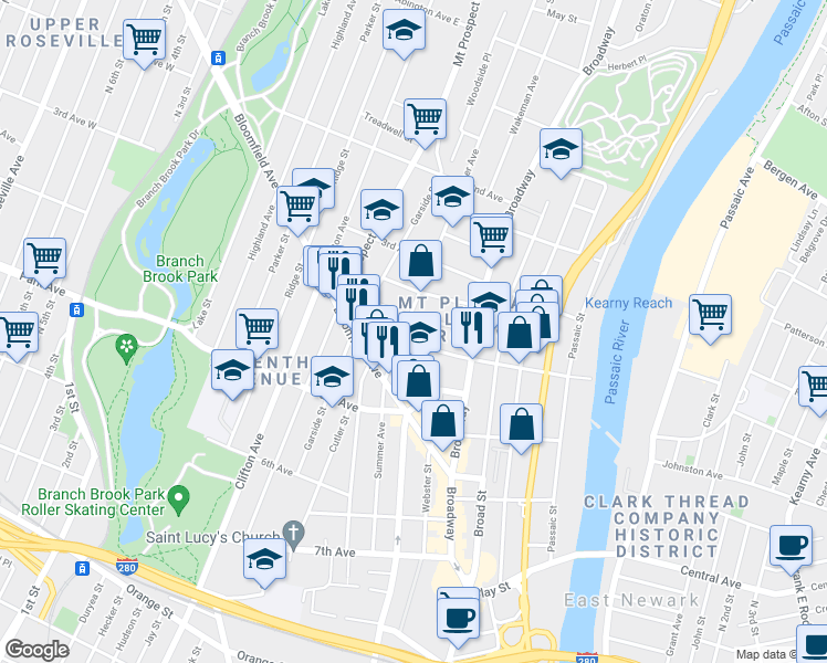 map of restaurants, bars, coffee shops, grocery stores, and more near 191 Summer Avenue in Newark