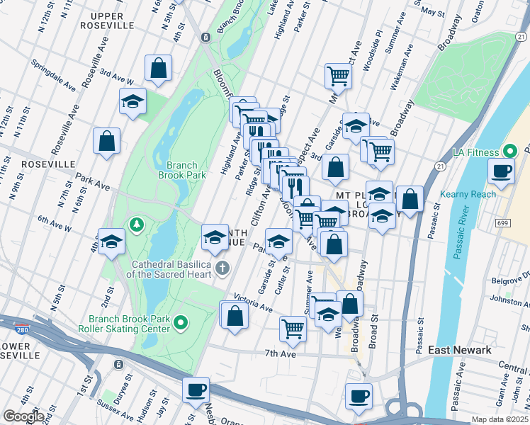 map of restaurants, bars, coffee shops, grocery stores, and more near 240 Clifton Avenue in Newark