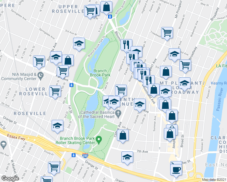 map of restaurants, bars, coffee shops, grocery stores, and more near 28 Highland Avenue in Newark