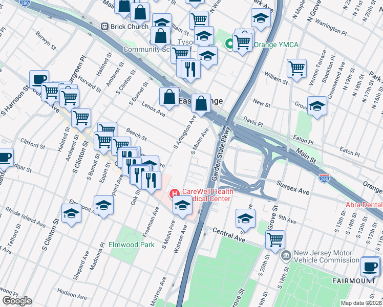 map of restaurants, bars, coffee shops, grocery stores, and more near 7 Chestnut Street in East Orange