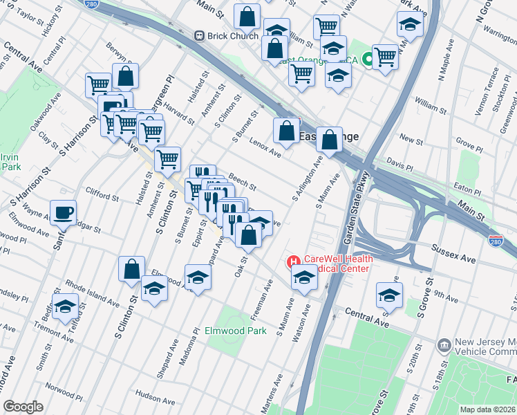 map of restaurants, bars, coffee shops, grocery stores, and more near 45 Beech Street in East Orange