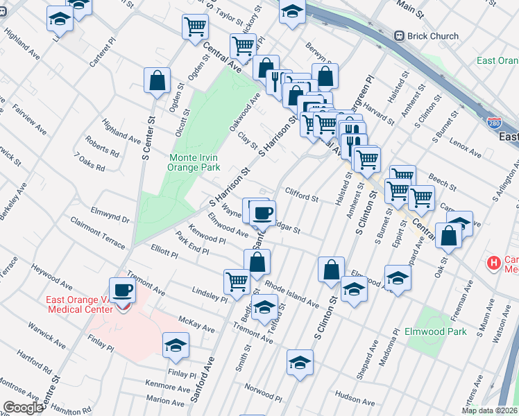 map of restaurants, bars, coffee shops, grocery stores, and more near 6 Melrose Avenue in East Orange