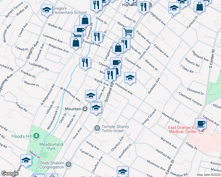map of restaurants, bars, coffee shops, grocery stores, and more near 733 Vose Avenue in City of Orange