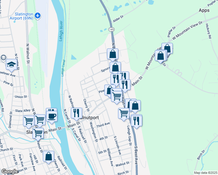 map of restaurants, bars, coffee shops, grocery stores, and more near 330 Oak Street in Walnutport