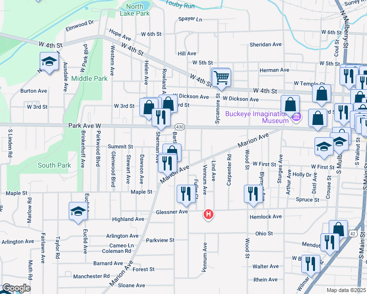 map of restaurants, bars, coffee shops, grocery stores, and more near 45-51 Baldwin Ave in Mansfield