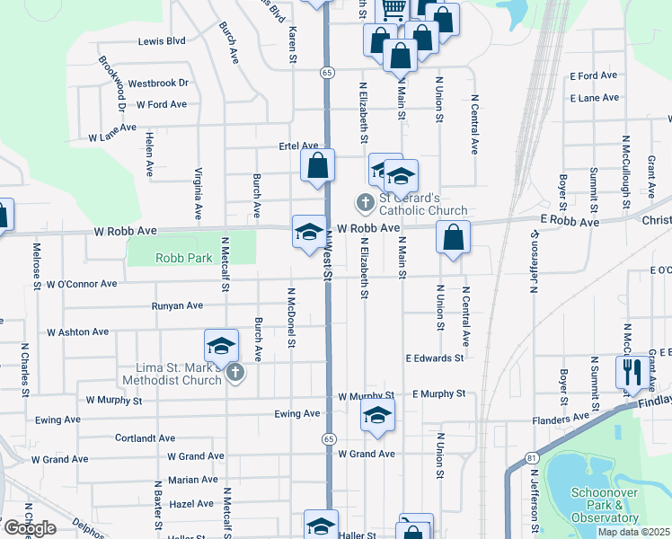 map of restaurants, bars, coffee shops, grocery stores, and more near 1112 North West Street in Lima