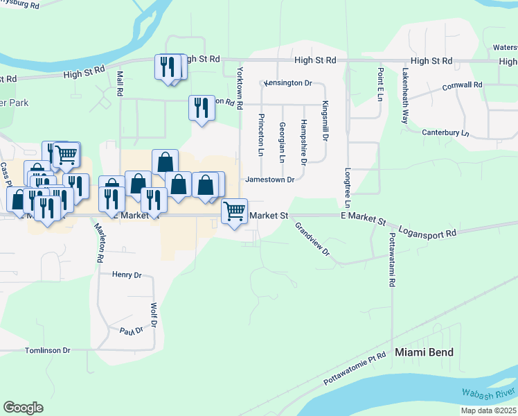 map of restaurants, bars, coffee shops, grocery stores, and more near 504 Yorktown Road in Logansport