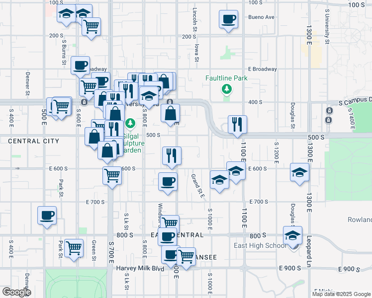 map of restaurants, bars, coffee shops, grocery stores, and more near 525 South 900 East in Salt Lake City