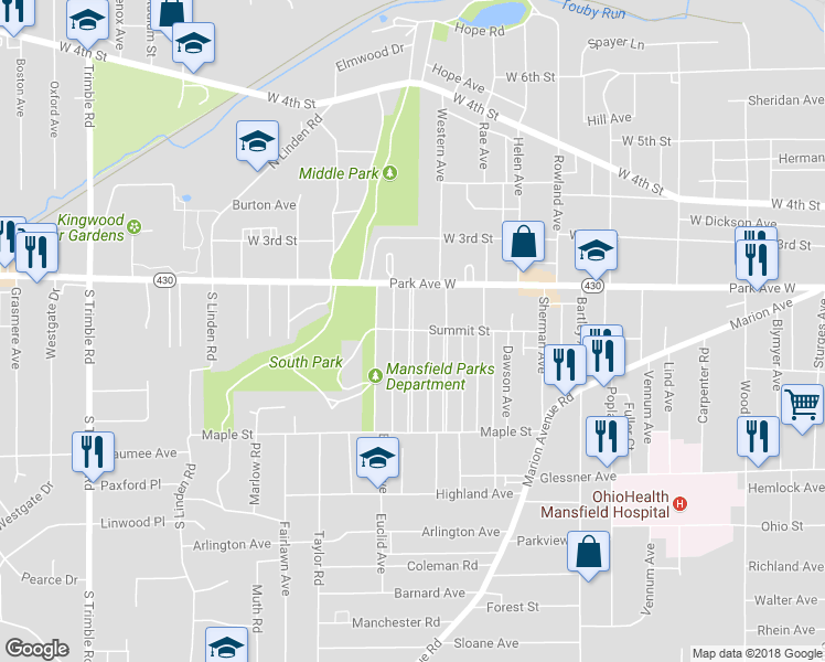 map of restaurants, bars, coffee shops, grocery stores, and more near 639 Summit Street in Mansfield