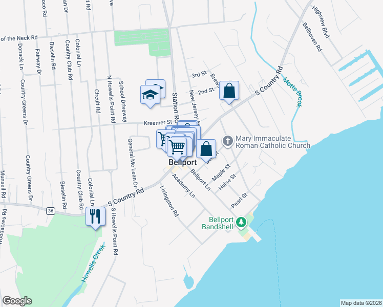 map of restaurants, bars, coffee shops, grocery stores, and more near 149 South Country Road in Bellport