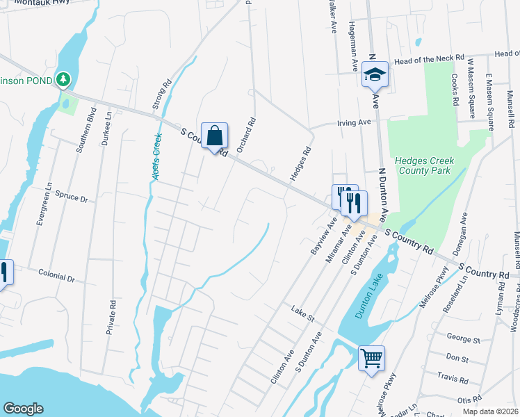 map of restaurants, bars, coffee shops, grocery stores, and more near 1 Springview Court in East Patchogue