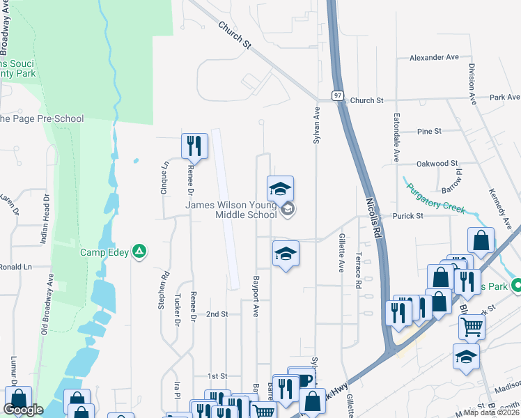 map of restaurants, bars, coffee shops, grocery stores, and more near 196 Barrett Avenue in Bayport