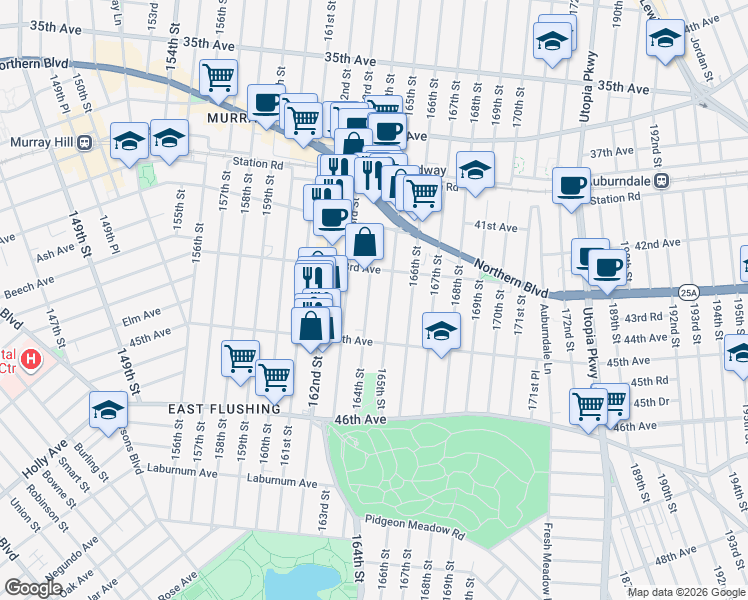 map of restaurants, bars, coffee shops, grocery stores, and more near 43-20 165th Street in Queens