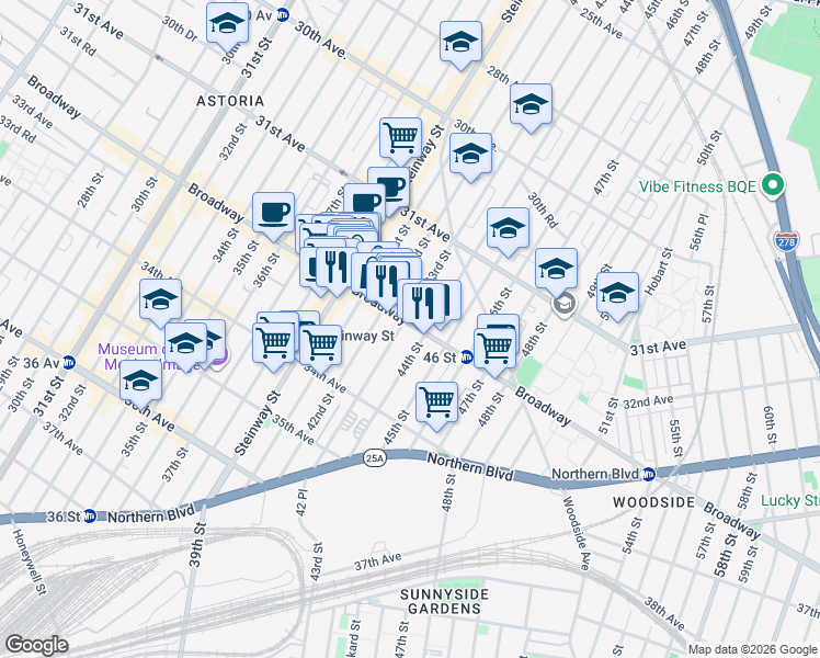 map of restaurants, bars, coffee shops, grocery stores, and more near 42-14 Broadway in Queens