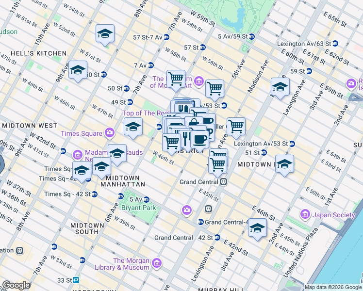map of restaurants, bars, coffee shops, grocery stores, and more near in New York