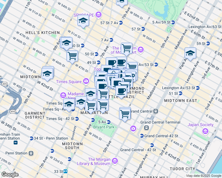 map of restaurants, bars, coffee shops, grocery stores, and more near 1180 6th Avenue in New York
