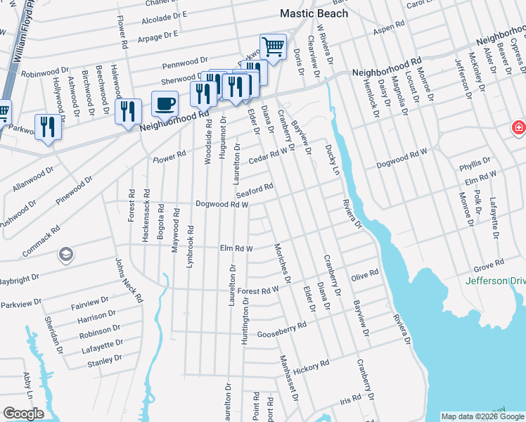 map of restaurants, bars, coffee shops, grocery stores, and more near 127 Moriches Drive in Mastic Beach