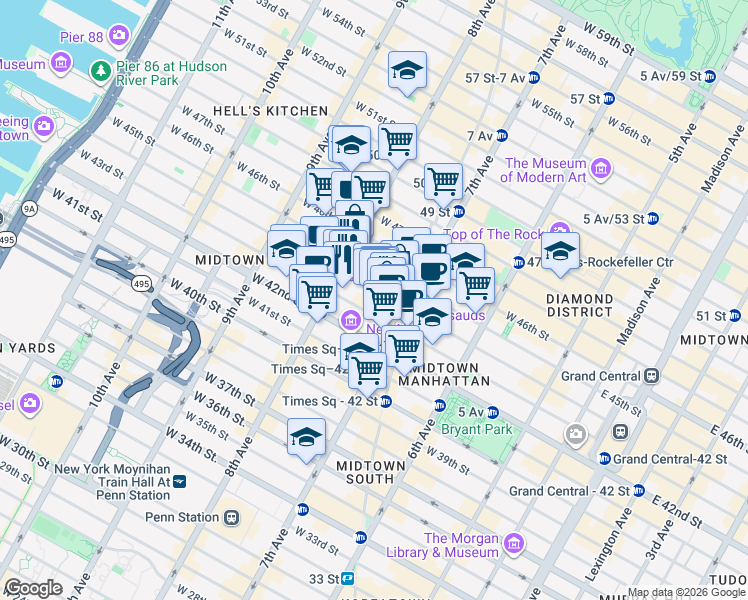 map of restaurants, bars, coffee shops, grocery stores, and more near 229 West 43rd Street in New York