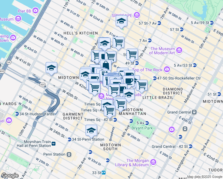 map of restaurants, bars, coffee shops, grocery stores, and more near 229 West 43rd Street in New York