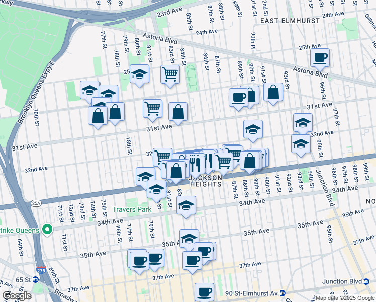 map of restaurants, bars, coffee shops, grocery stores, and more near 32-03 83rd Street in Queens