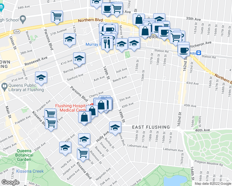 map of restaurants, bars, coffee shops, grocery stores, and more near 43-17 149th Street in Queens