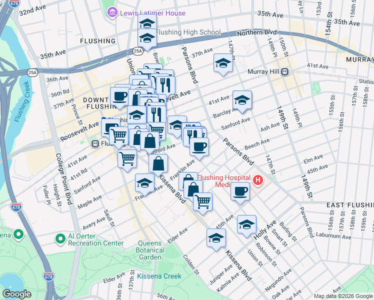 map of restaurants, bars, coffee shops, grocery stores, and more near 143-20 Sanford Avenue in Queens