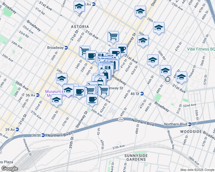 map of restaurants, bars, coffee shops, grocery stores, and more near 32-40 Steinway Street in Queens