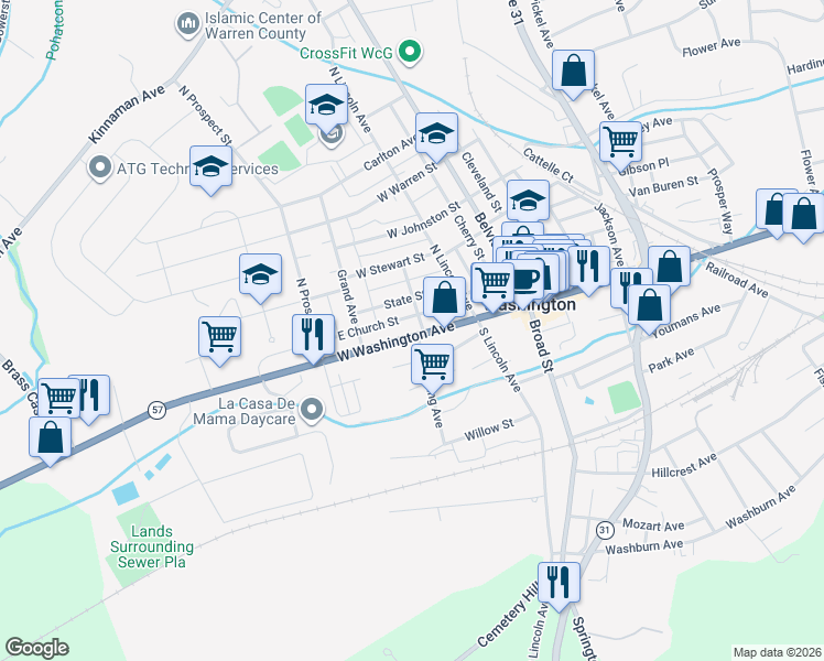 map of restaurants, bars, coffee shops, grocery stores, and more near 136 West Washington Avenue in Washington