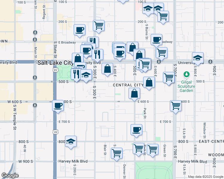 map of restaurants, bars, coffee shops, grocery stores, and more near 530 South 400 East in Salt Lake City