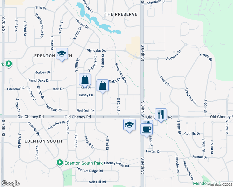 map of restaurants, bars, coffee shops, grocery stores, and more near 5440 South 82nd Street in Lincoln
