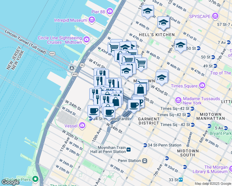 map of restaurants, bars, coffee shops, grocery stores, and more near 516 West 39th Street in New York