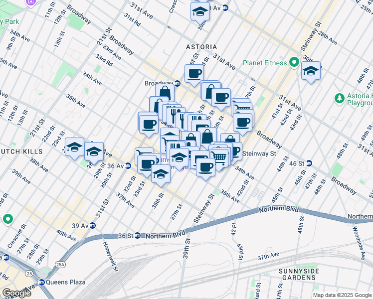 map of restaurants, bars, coffee shops, grocery stores, and more near 32-85 35th Street in Queens