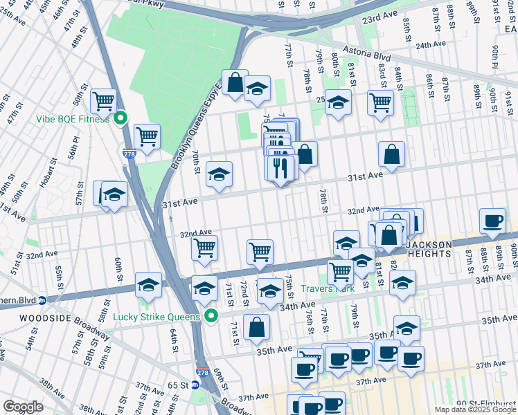 map of restaurants, bars, coffee shops, grocery stores, and more near 31-15 74th Street in Queens