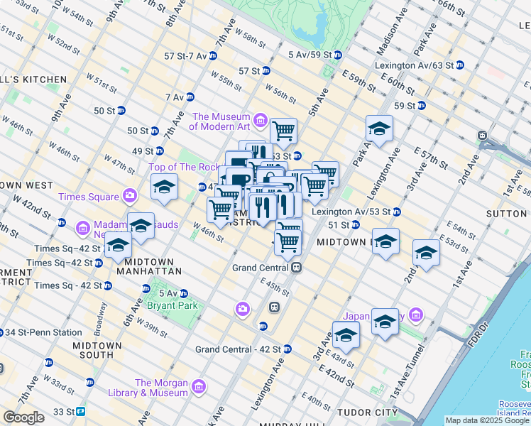 map of restaurants, bars, coffee shops, grocery stores, and more near 610 5th Avenue in New York