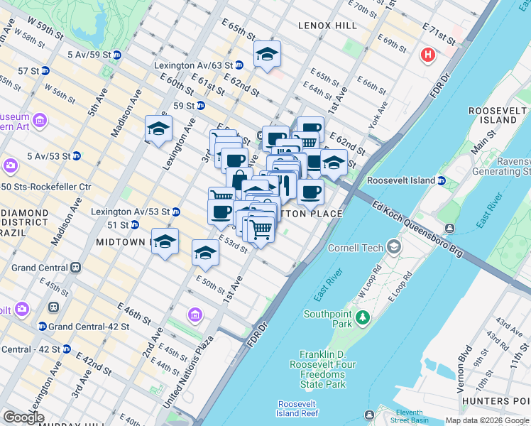 map of restaurants, bars, coffee shops, grocery stores, and more near 350 East 56th Street in New York