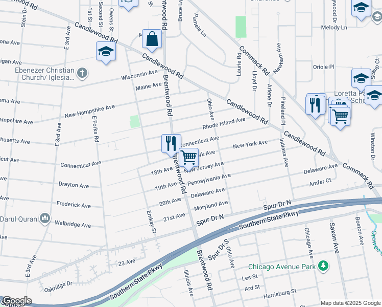 map of restaurants, bars, coffee shops, grocery stores, and more near 121 New York Avenue in Bay Shore